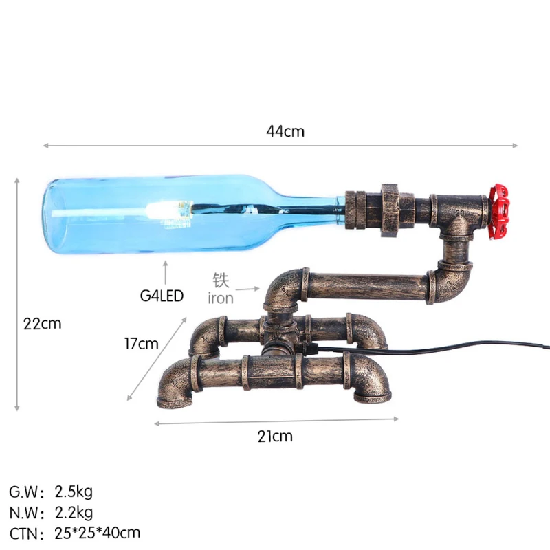 

Personality Simple Retro American Country Bedroom Study Industrial Wind Desk Hose Wine Bottle Decorative Table Lamp Iron Metal