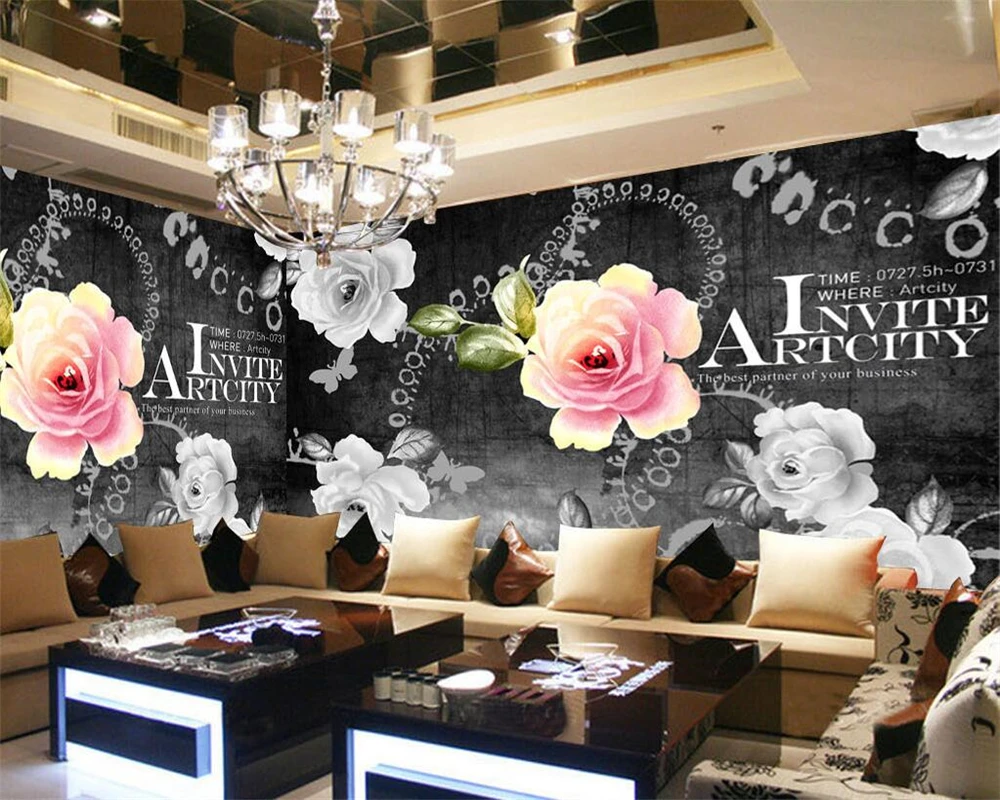 Custom size wallpaper Flower leaves black and white painter House decoration Pink white rose decorative painting 3d wallpaper