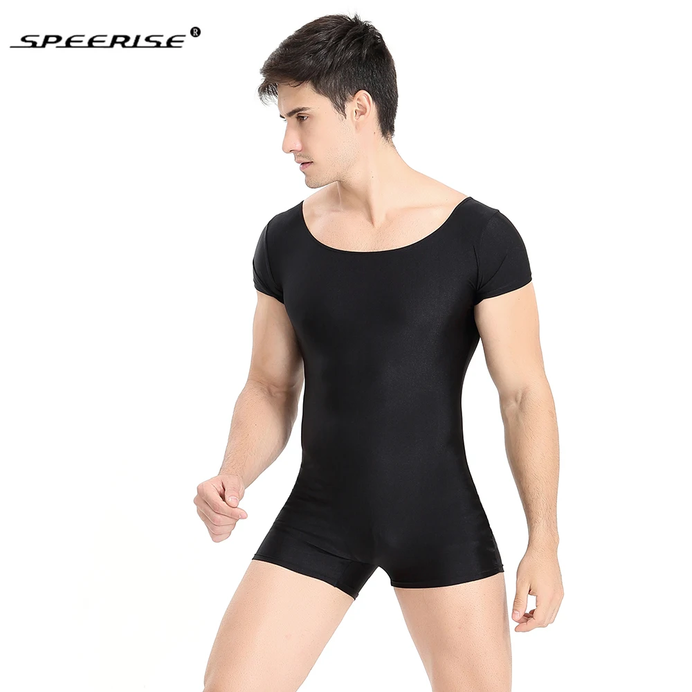 SPEERISE Men One Piece Basic Unitard Adult Ballet Short Sleeve Scoop Neck Stretch ballet Unitards Gymnastics Bodysuit Dancewear