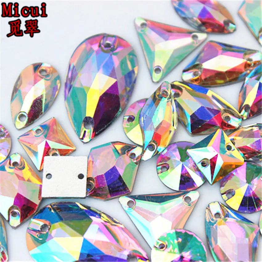 Micui Multi Shape Sewing Crystal AB Rhinestone Resin Crystal Strass Applique Flatback Sew On Stones for Wedding Dresses MC668