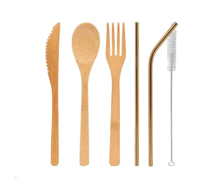 Bamboo Cutlery Set 5Pcs/Set spoon Fork Knife straw brush Flatware Dinnerware Set home Dining Kitchen Bar Cooking Tool SN1657