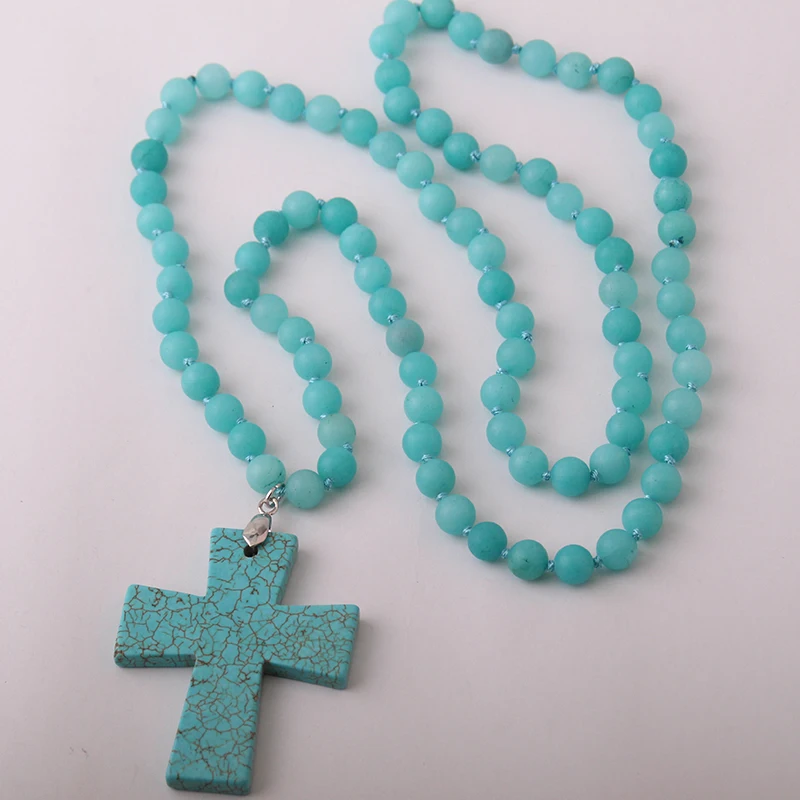 Free Shipping Fashion B;ue Semi Precious Stones Beads Statement Necklaces long Knotted Beads Neck Cross Necklace