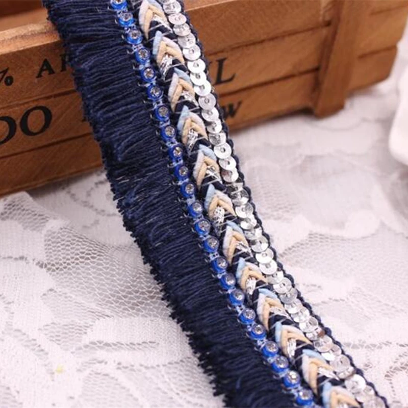 3cm width Sewing Decoration Cotton Fringe Tassel Trim Thin Lace cord braided sequin rhinestone ribbon