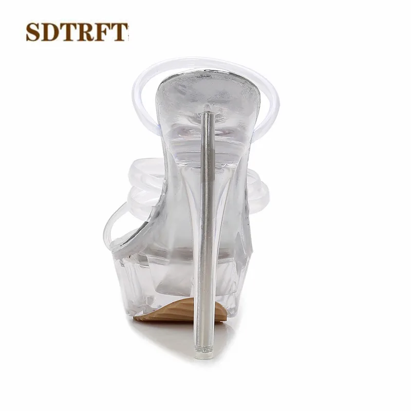 SDTRFT Fashion Narrow Band stilettos Crossdresser Sandals 14cm thin heels transparent platforms shoes woman pumps US9 10 11 12