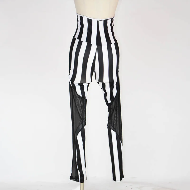 Women's Sexy Streetwear Leggings High Waist Striped Patchwork Mesh Pants