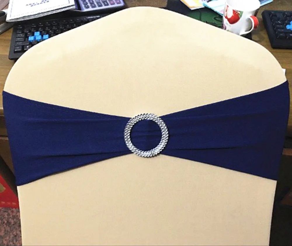 

100pcs Navy Blue Wedding Spandex Chair Sash Bands Lycra Stretch Chair Bow Ties With Round Buckle For Banquet Decoration