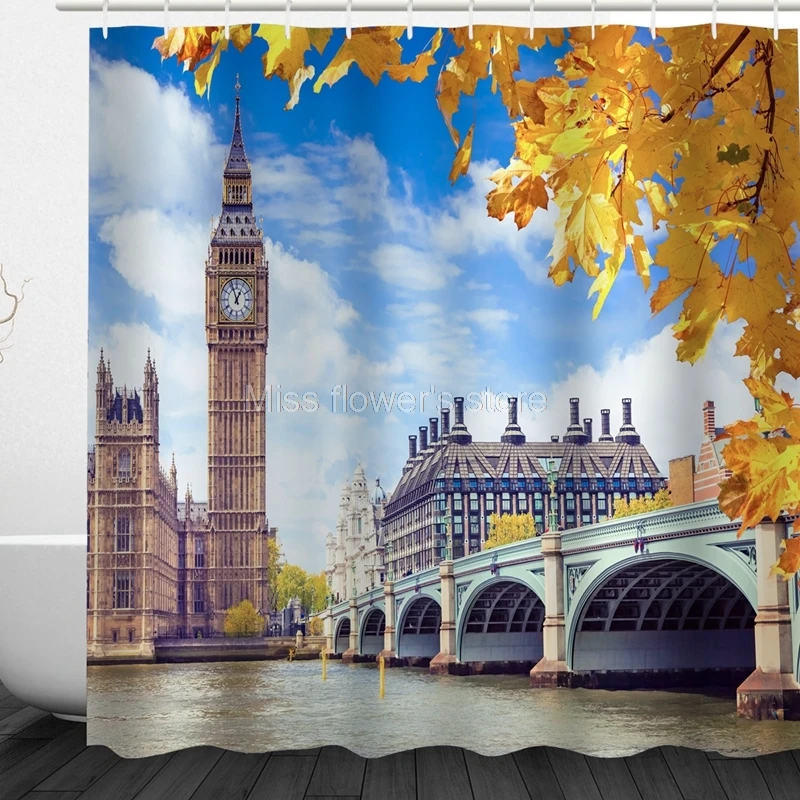 Big Ben on the River Thames in London Design Custom Shower Curtains Bathroom Waterproof Mildew Polyester Fabric + 12 Hooks