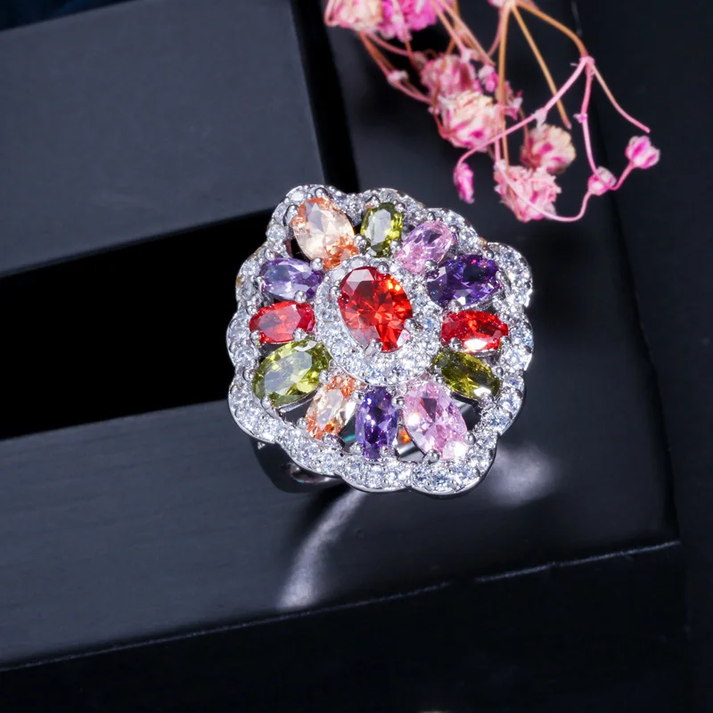 Pera Luxury White Gold Color Bridal Big Flower Colorful Cubic Zirconia  Jewelry Women Wedding Bands Finger Rings for Brides R035