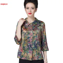 Summer Women's Floral Silk Shirt 2023 Three Quarter Sleeve Blouse And Tops Single-Breasted Elegant Mother's Shirts 973