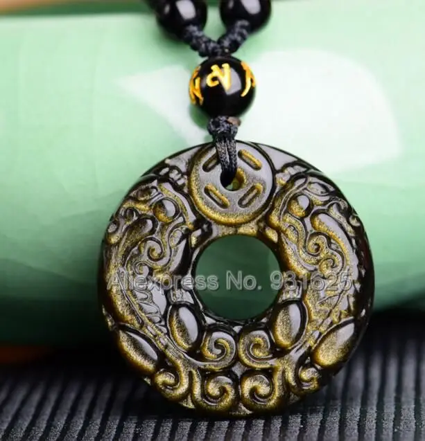 Beautiful Natural Gold Obsidian Handmade Carved Coin Double PiXiu Lucky Amulet Pendant + Black Beads Necklace Fashion Jewelry