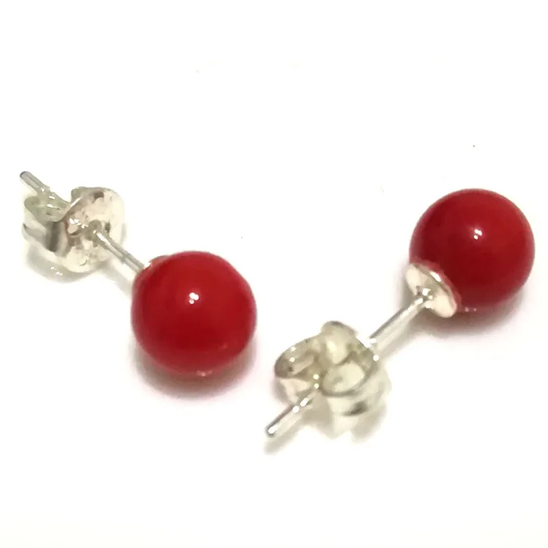 6-7mm Red Natural Round Coral Earring With 925 Sterling Silver Stud