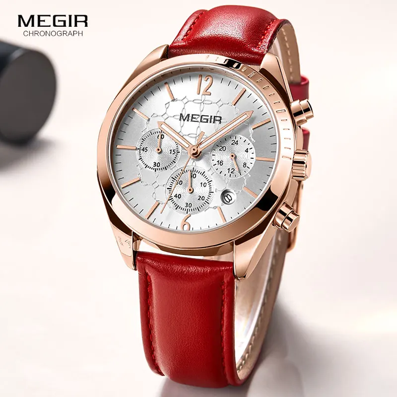 

Megir Women's Leisure Quartz Watches 24 Hours Leather Strap Waterproof Chronograph Wristwatch Lady Relogios Femininos 2115 Red