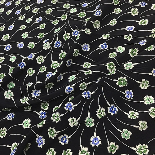 Silk crepe de chine silk fabric mini green blue floral on black bottom,SCDC1012