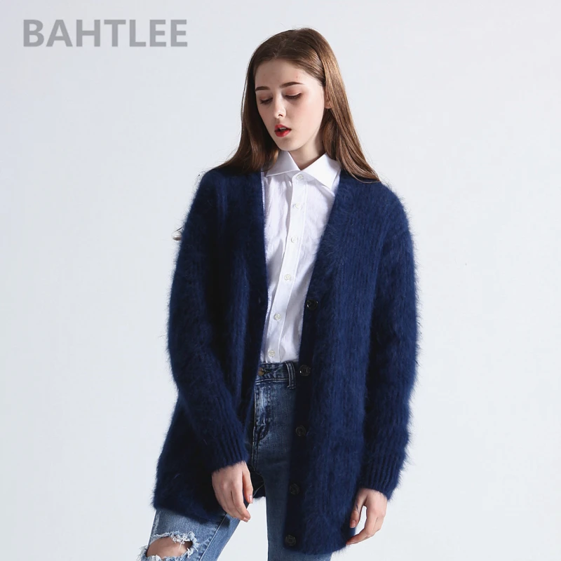 BAHTLEE-Women\'s Mink Cashmere Knitted Cardigans, V-Neck Sweater, Button Pocket, Thick, Keep Warm