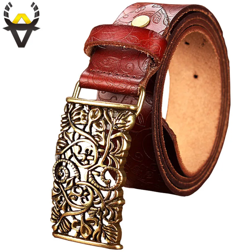 Fashion genuine leather belts for women Vintage floral Pin buckle belt woman Quality second layer cow skin strap female wide 3.2