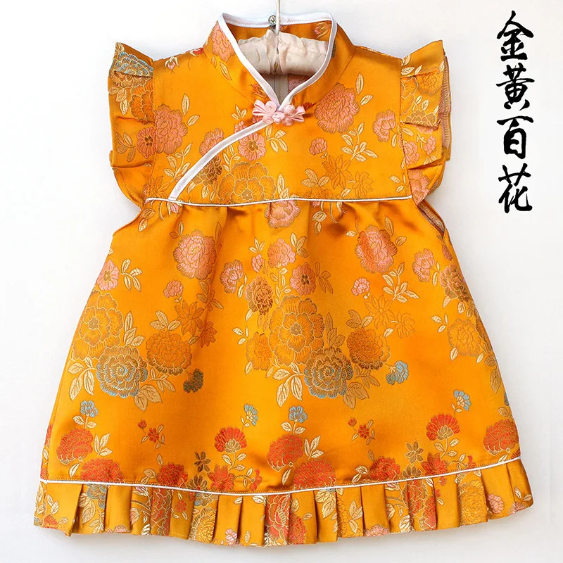 Gold Girls QIPAO Sets 2020 Summer Baby Girls Clothes Set Children Clothing Top Quality 0 1 2 3 4 Years Rose Flower Girl Dress