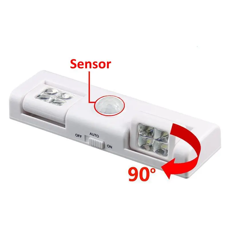 90도 8 LED 캐비닛 빛 PIR 모션 센서 빛 옷장 찬장 옷장 주방 램프 야간 조명 배터리 전원