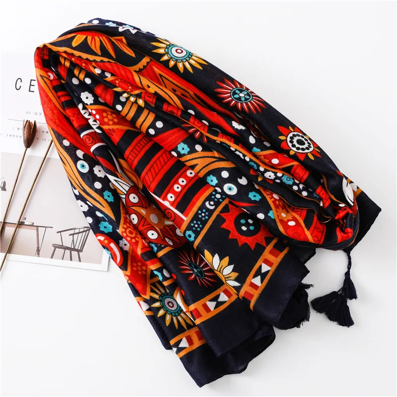 Autumn Winter Fashion African Ethnic Floral Tassel Viscose Shawl Scarf From Indian Women Print Warm Hijab and Wraps Muslim Sjaal