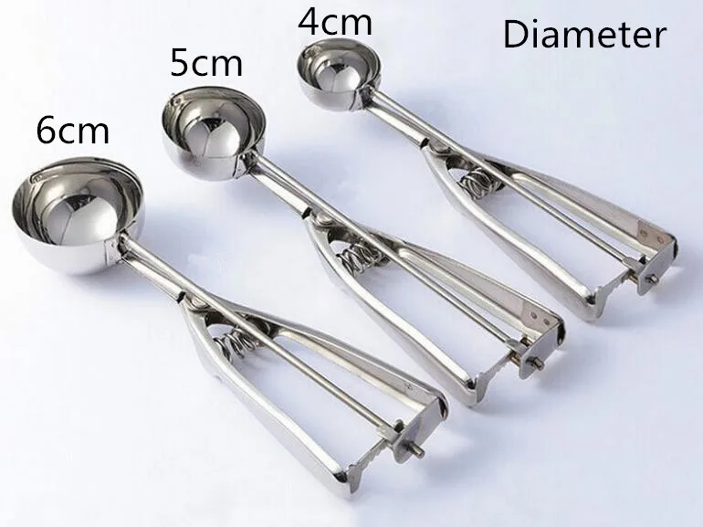 

Fashion Hot 4CM 5CM 6CM Kitchen Ice Cream Mash Potato Scoop Stainless Steel Spoon Spring Handle Kitchen Accessories