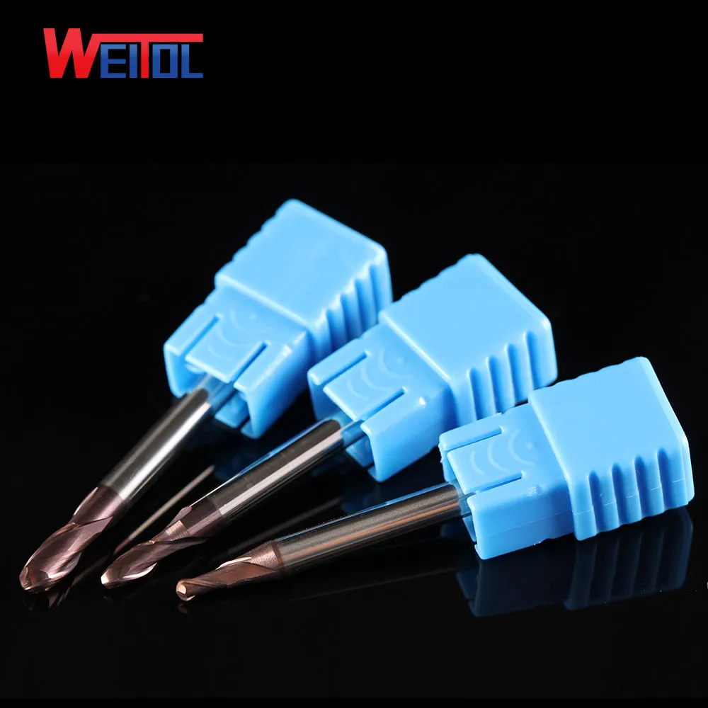 Weitol 1pcs HRC55 Bronze coating tungsten carbide two/double flutes ball nose end milling cutter cnc carving tools