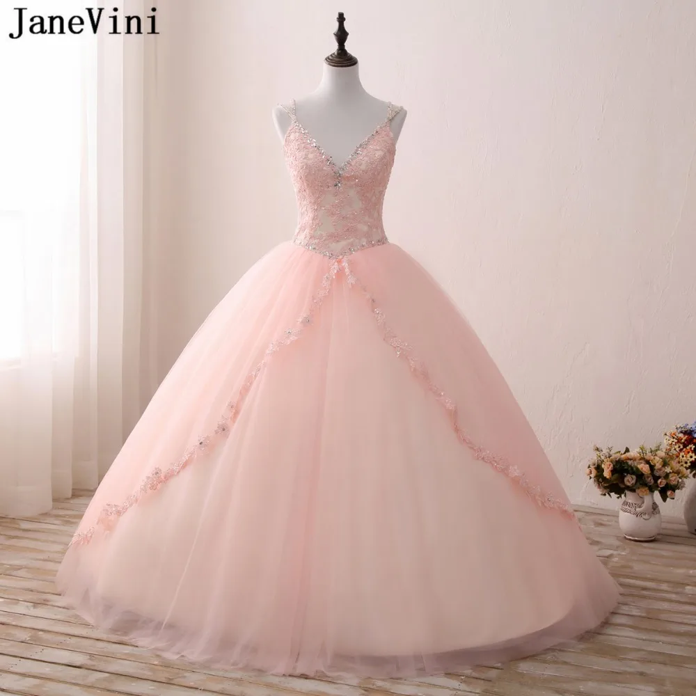 

JaneVini Charming Pink Princess Gown Quinceanera Dresses Deep V Neck Appliques Beaded Pearls Tulle Ball Gown Pageant Prom Dress