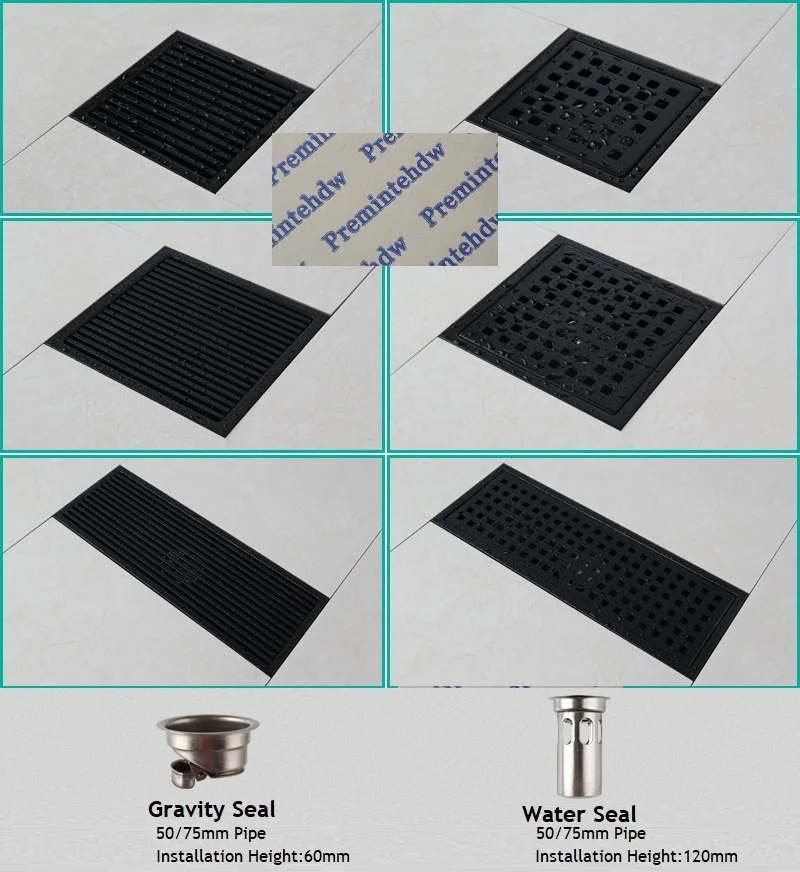 

304 Stainless Steel Square Rectangle 110MM Linear Shower Floor Drain Lattice Grate Strainer Deodorant Matte Black