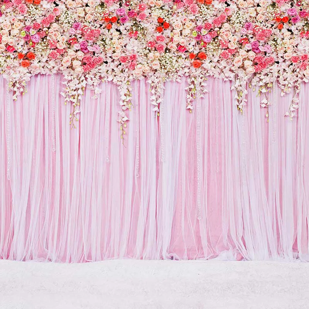 

Pink Curtain Wall Wedding Floral Backdrops Printed Colorful Roses Romantic Valentine's Day Party Photography Booth Backgrounds