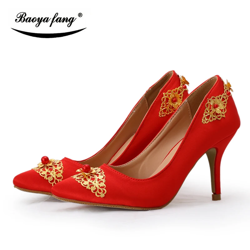 BaoYaFang China traditional Red Wedding shoes Bride 8cm Med heel women wedding shoes pointed toe ladies party dress shoes