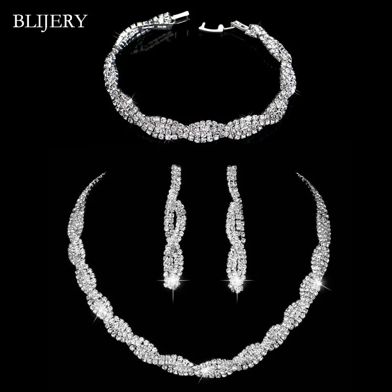 BLIJERY Sparkling Silver Color Rhinestone Crystal Bridal Wedding Jewelry Sets Twisty Choker Necklace Earrings Bracelet for Women