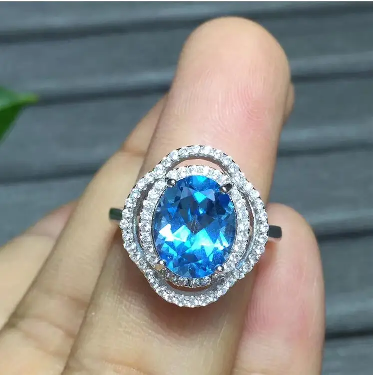 

Free shipping Natural blue topaz ring 925 sterling silver Wholesales Fine jewelry 8*10mm gem