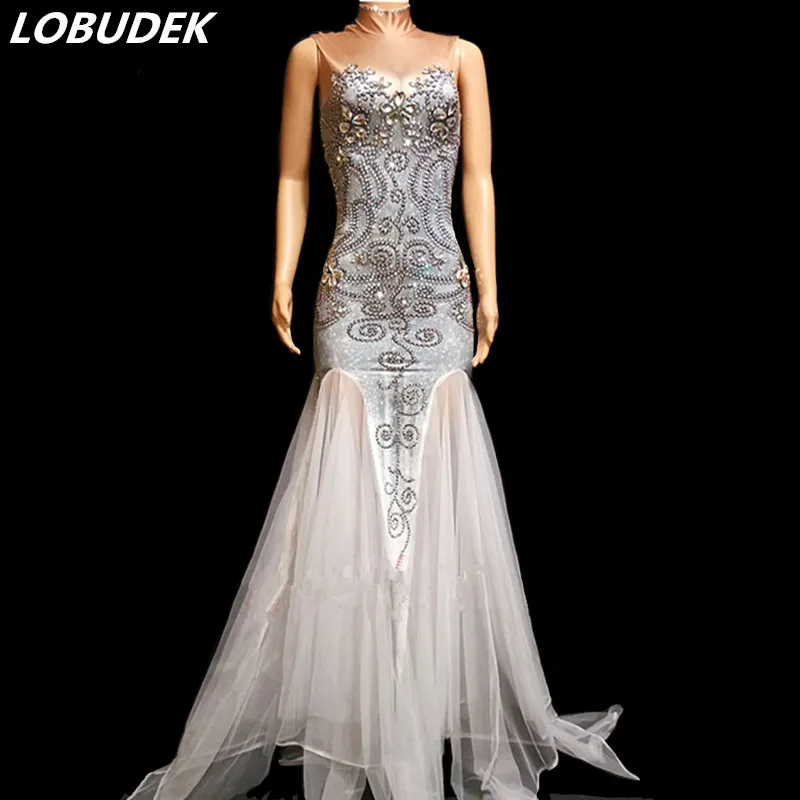 

Women Prom Birthday Celebration Evening Performance Long Dress Silver Rhinestones Trailing Dress Nightclub Host Stage Costume