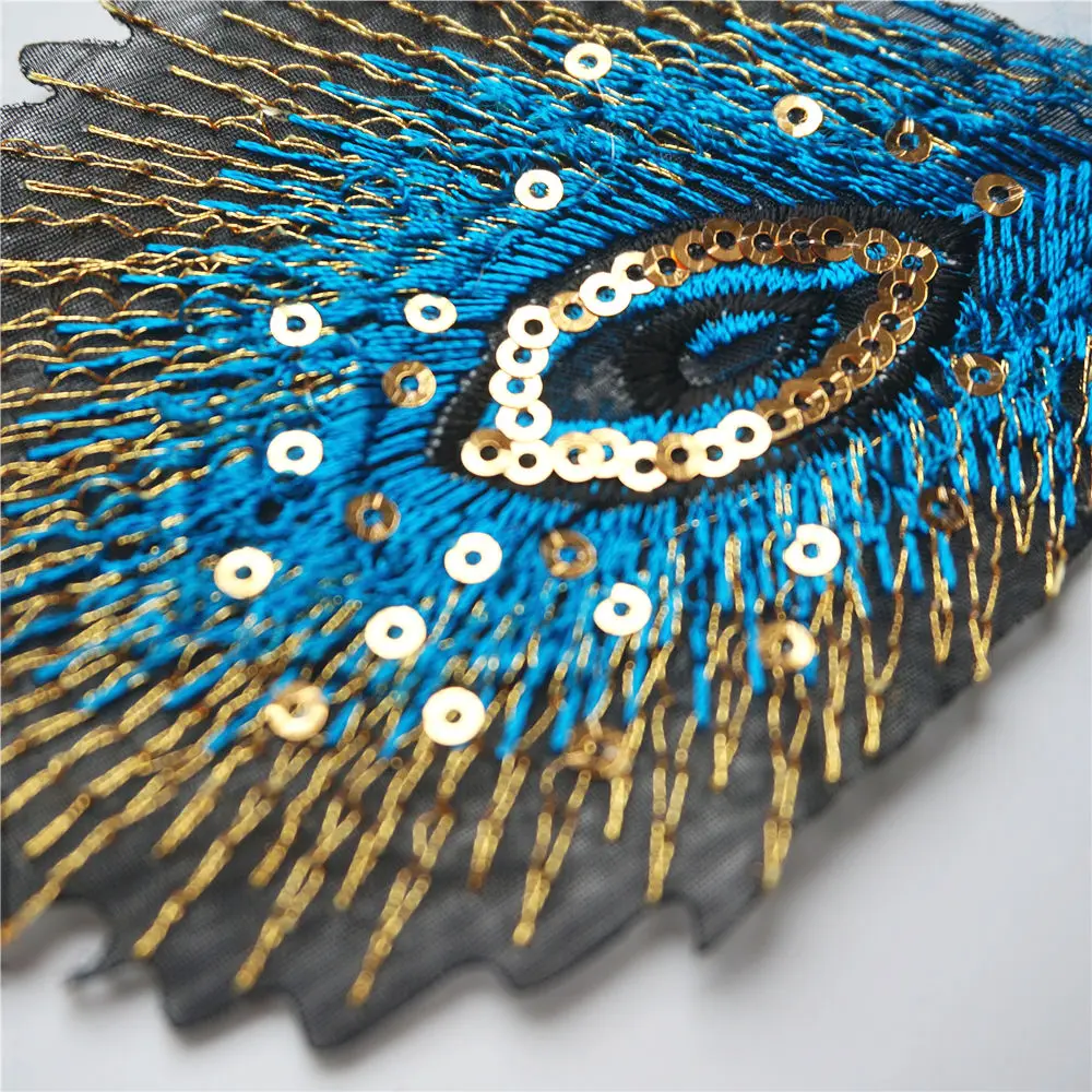 10PCS Sky Blue Peacock Feathers Phoenix Sequined Mesh Embroidered Sew Iron On Patches Badges For Dress DIY Appliques Decoration