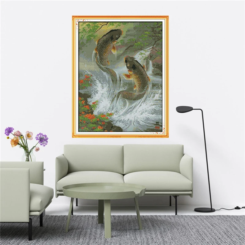 The Fish Leaping Over the Dragon Gate Cross Stitch Aida 14ct 11ct  Printed Canvas Cotton Thread Embroidery DIY Needlework Set