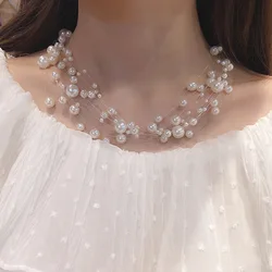 Multi-layer Wedding Statement Necklace Women Fashion Simulated Pearl Jewelry Party Invisible Line Choker Korean Maxi Colar Bijou