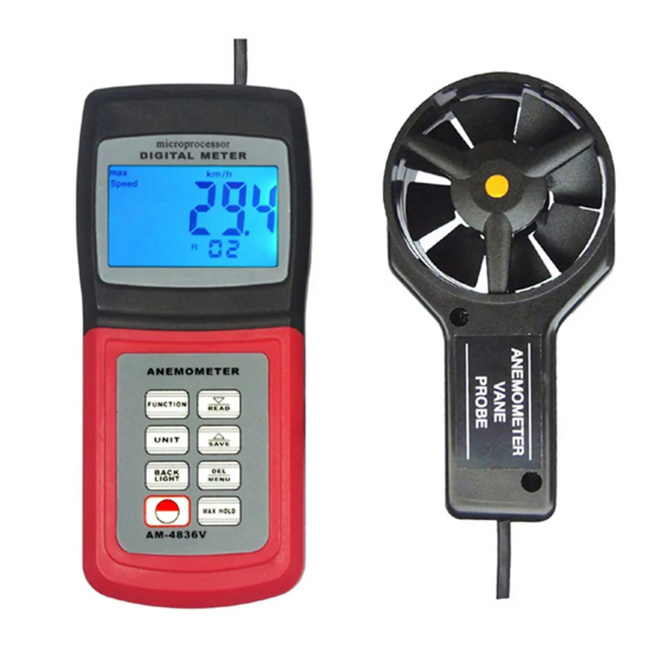 AM4836V Handheld Digital Anemometer Air Volume Wind Speed Meter Temperature Measuring with Vane Sensor Backlight