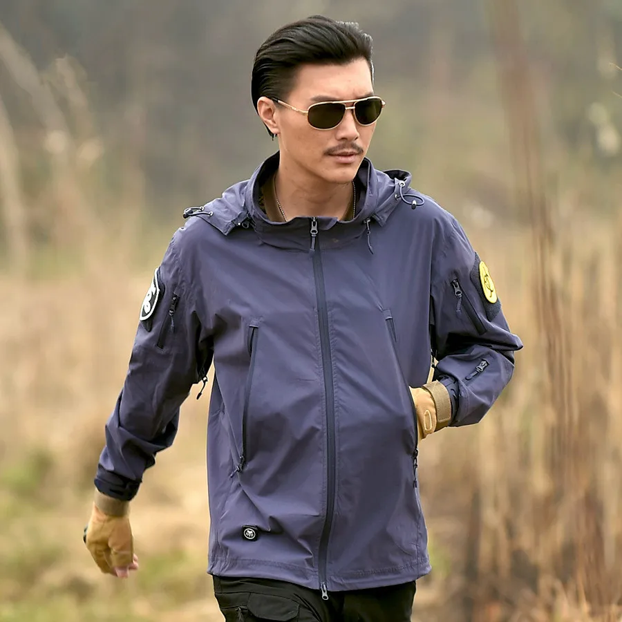 

Spring autumn men outdoor soft shell thin single layer hooded Jackets cap can put away stand collar waterproof breathable coats