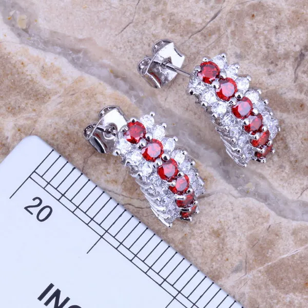 Precious Red Garnet White CZ Silver Plated Jewelry Sets Earrings Pendant Ring Size 6 / 7 / 8 / 9 / 10 S0155