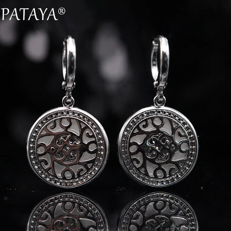 PATAYA New True White Gold Round Natural Zircon Black Ceramic Long Dangle Earrings 585 Rose Gold Color Women Wedding Jewelry