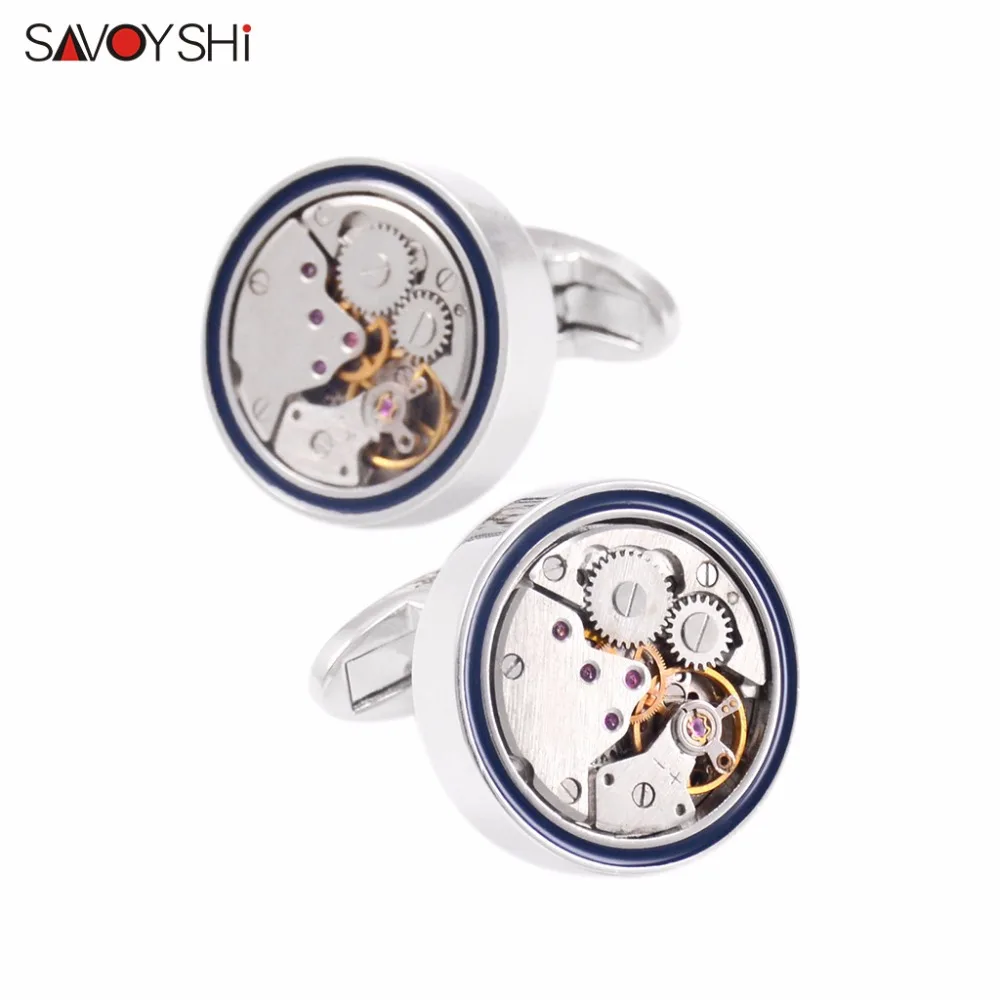 SAVOYSHI Fashion Mens Shirt Cufflinks High Quality Round Steampunk Watch Movement Business Cufflinks Silver Color Brand Jewelry