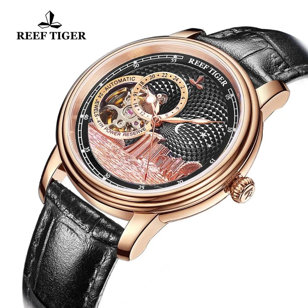 Reef Tiger/RT-Reloj Automático clásico para hombre, pulsera de cristal de zafiro, oro rosa, marca de lujo, diseñador, RGA1739