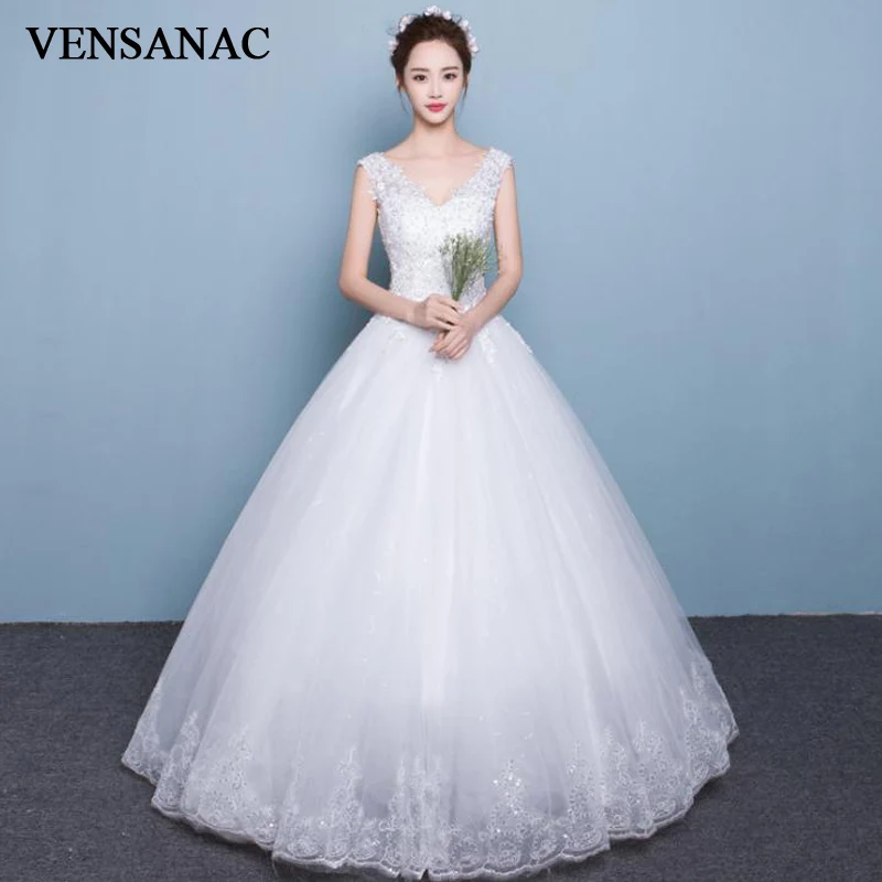 VENSANAC 2018 V Neck Sequined Ball Gown Tulle Wedding Dresses Elegant Lace Appliques Tank Backless Bridal Gowns