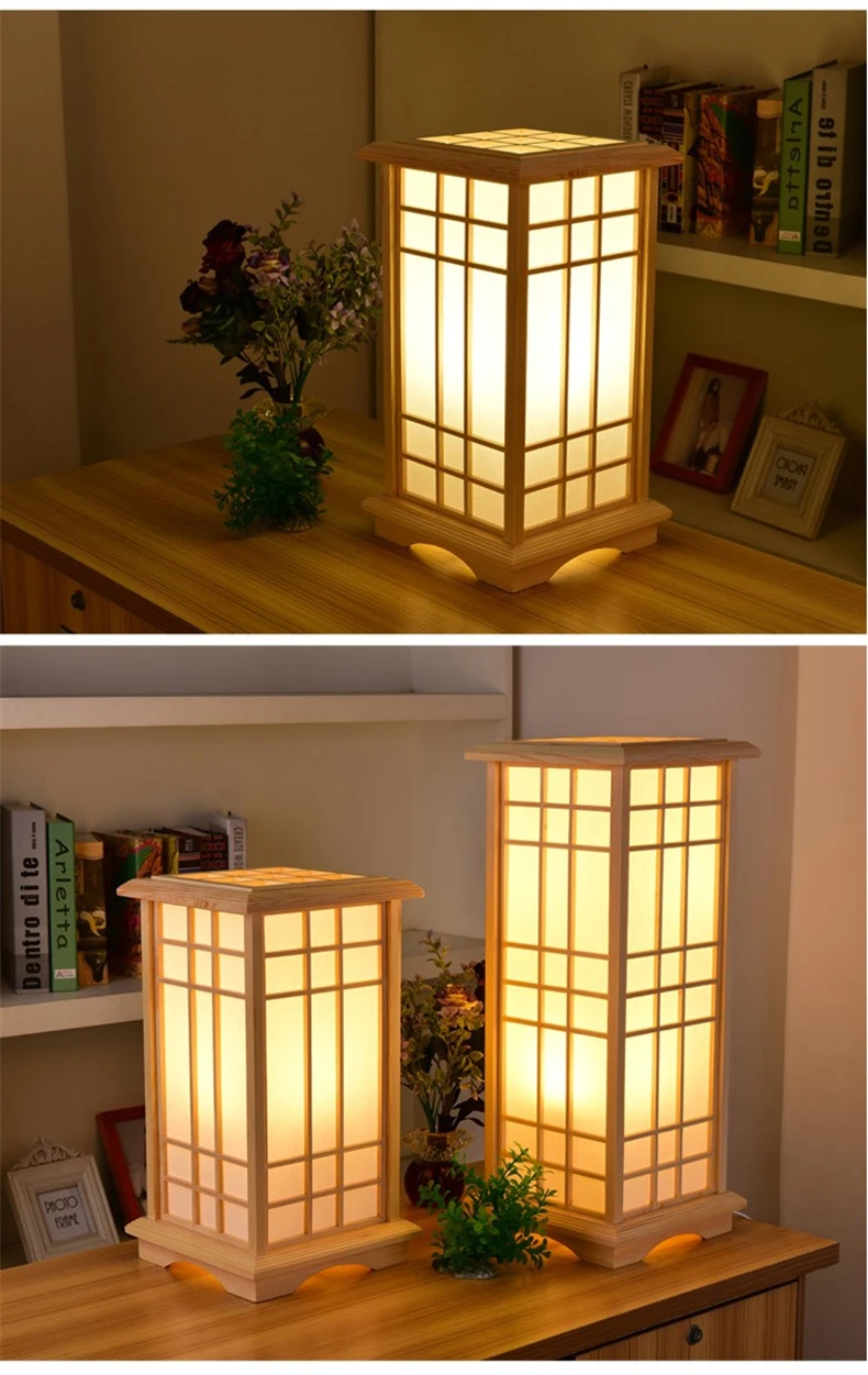 Lámparas de pie japonesas modernas, estilo Tatami, lámpara LED de madera de forma cuadrada, para dormitorio, sala de estar, lámpara alta E27