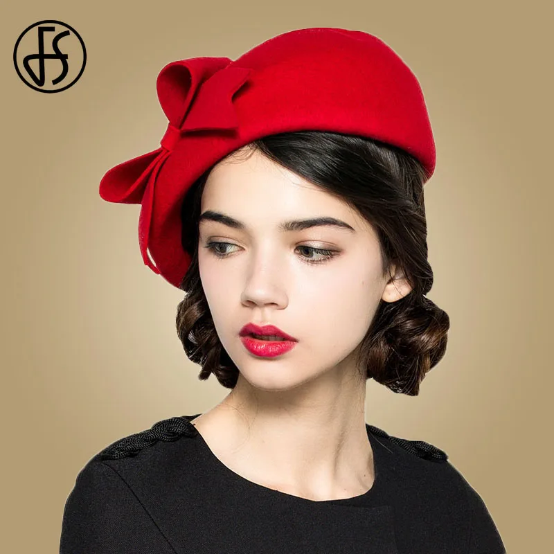 

FS Elegant Beret Women's Wool Felt Fascinators Fedora Red Women Church Hats White Black Wedding Ladies Hat Bow Caps Pillbox Hat