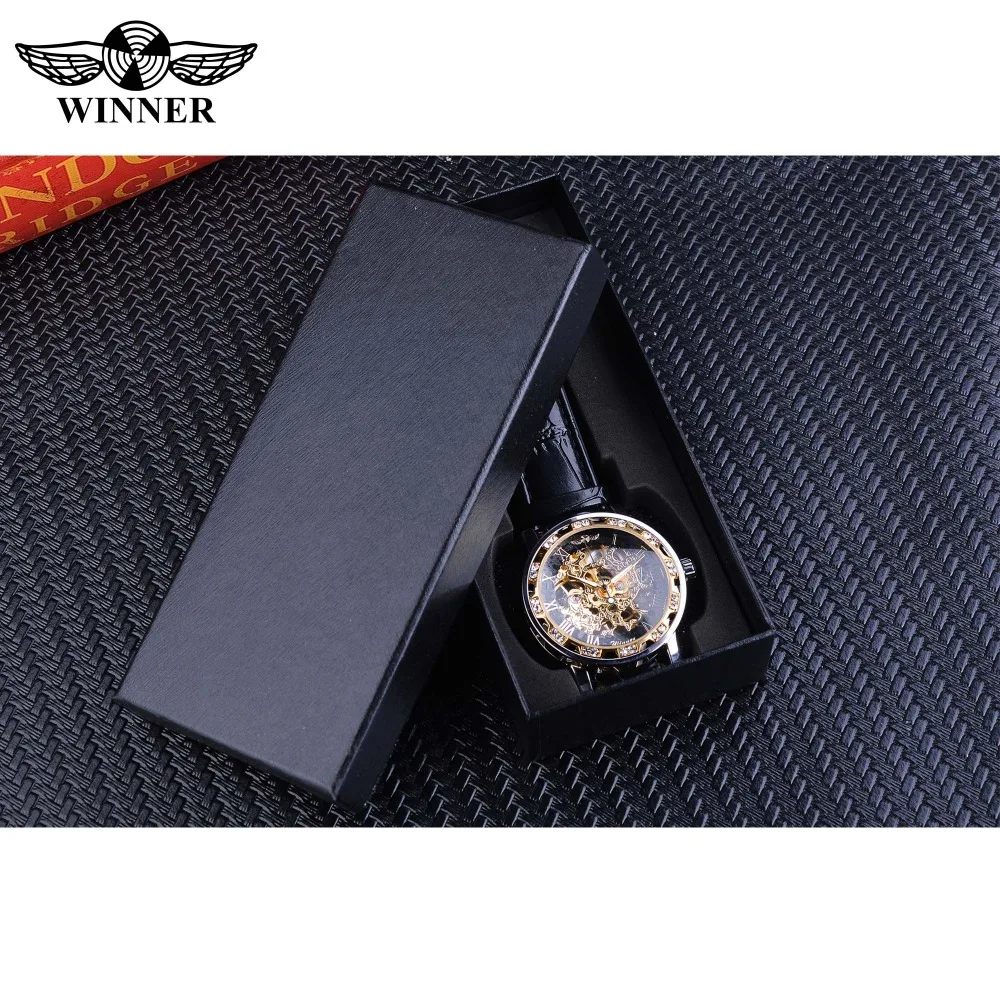 Winner Classic Skeleton Men Hand Wind Mechanical Black Leather Strap Luminous Royal Design Transparent Fashion Diamond Watch