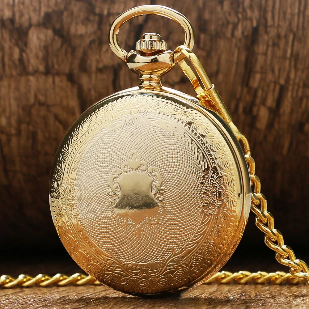 Antique Steampunk Luxury Golden Shield Design Skeleton  Dial Mechanical Hand Winding Pocket Watch For Men Women Gift With Chain