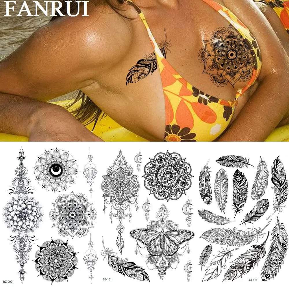 FANRUI Flower Black Henna Temporary Tattoos Sticker Feather Butterfly Fake Tatoos For Women Sexy Girl Body Art Custom Tattoo