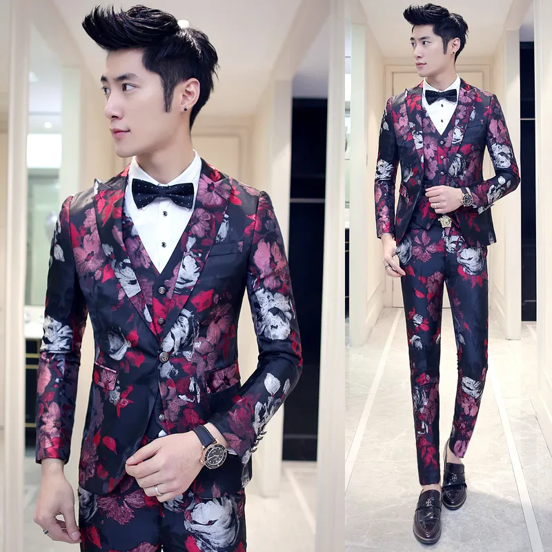 2021 Spring Tide Broken Printed Suit Hair Stylist Business Suit Three Sets Men Clothing Formal Dress Married Singer Costumes