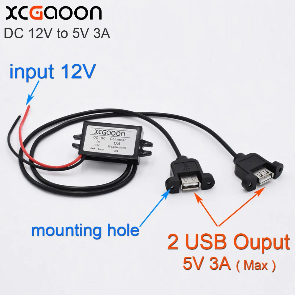 

XCGaoon Dual 2 USB DC-DC Car Converter Module Cable With Mounting Hole input DC 12V To USB Ouput 5V 3A 15W Power Adapter