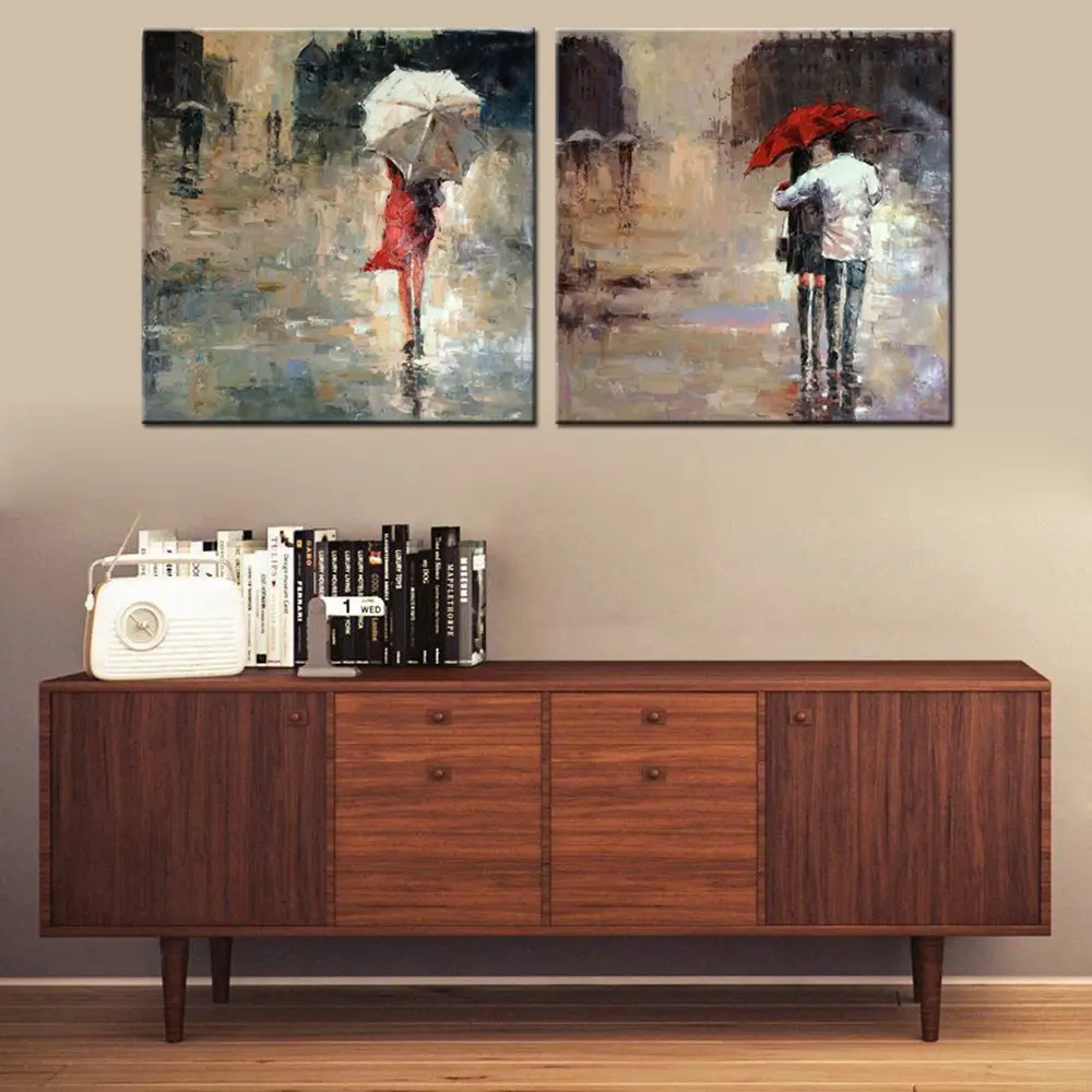 

Handpainted Artwork Knife Oil Painting Wall Art People with Umbrellas on Rainy Days Landscape Picture Bathroom Office Wall Decor