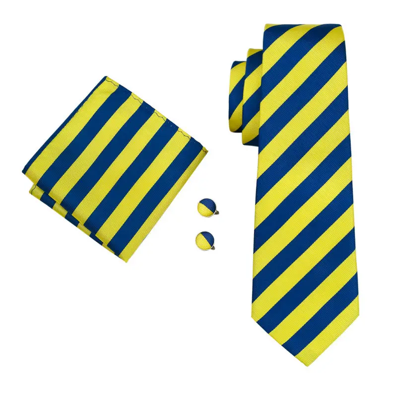 

LS-1490 Barry.Wang Classic Men`s Tie 100% Silk Yellow Striped Necktie Hanky Cufflink Set For Men`s Wedding Party Business